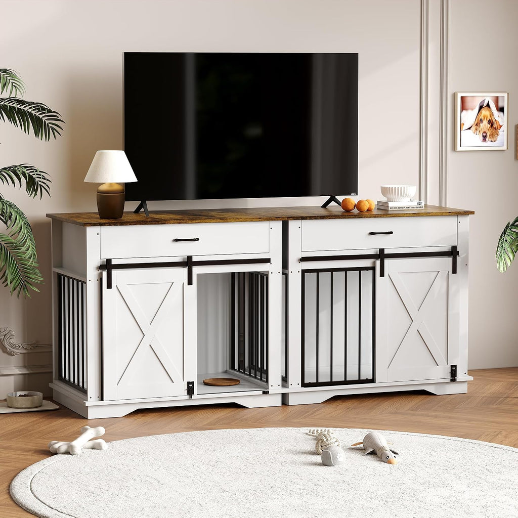 Heavy Duty Dog Crate Furniture 38 Wood Kennel with Barn Door, White