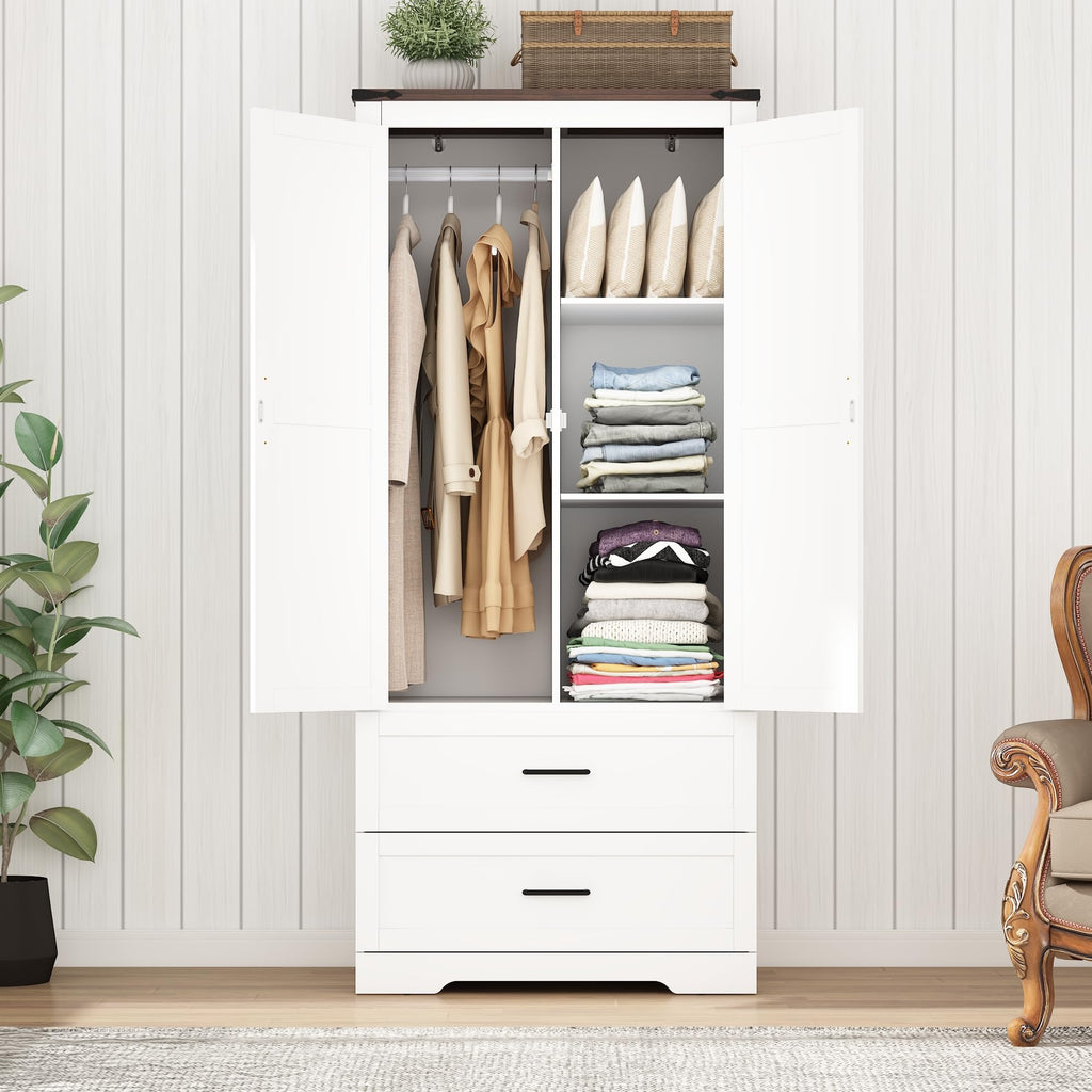 2 Doors Wardrobe Armoire Closet with Doors and Drawers, Farmhouse Wooden Armoire Storage Cabinet with Shelves &