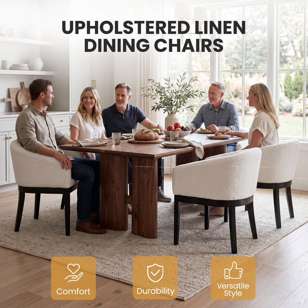 White Mid Century Modern Set of 4, Farmhouse Boucle Upholstered Accent Curved Backrest Kitchen Chairs Armchairs with