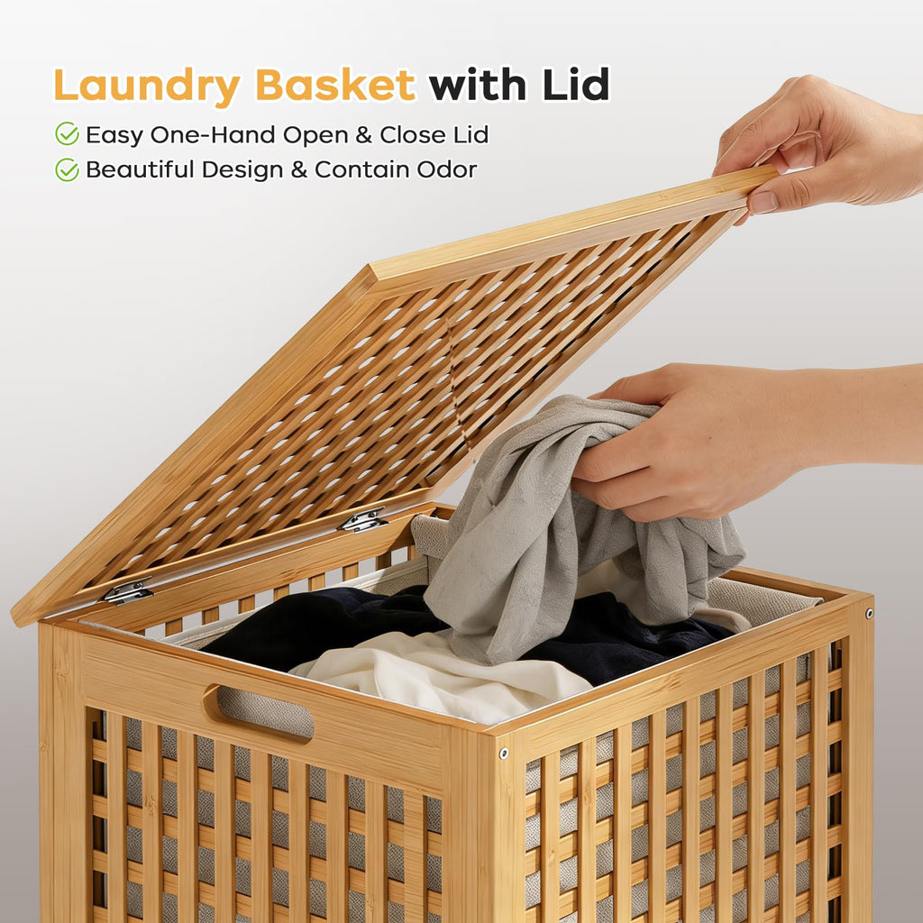 120L Bamboo Laundry Hamper with Lid, Laundry Basket with Liner and Handle