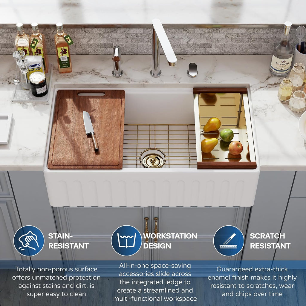 30 White Farmhouse Sink Reversible Workstation, Farm Apron Front Kitchen Sink 30x20 inch White Porcelain Ceramic