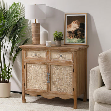 Sideboard Buffet Cabinet, Solid Wood Accent Cabinet with 2 Carved Doors and 2 Drawers, Vintage Credenza, Natural Oak