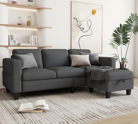 Sectional Couches for Living Room - Convertible L-Shaped Couch, Grey 3 Seater Modern Linen Sofa