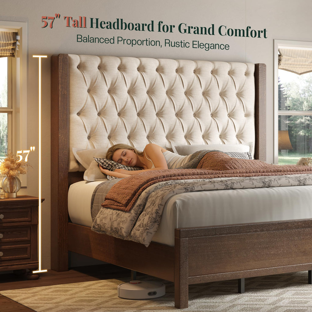 Solid Wood King Size Bed Frame 57" Tall Wingback Headboard, Walnut