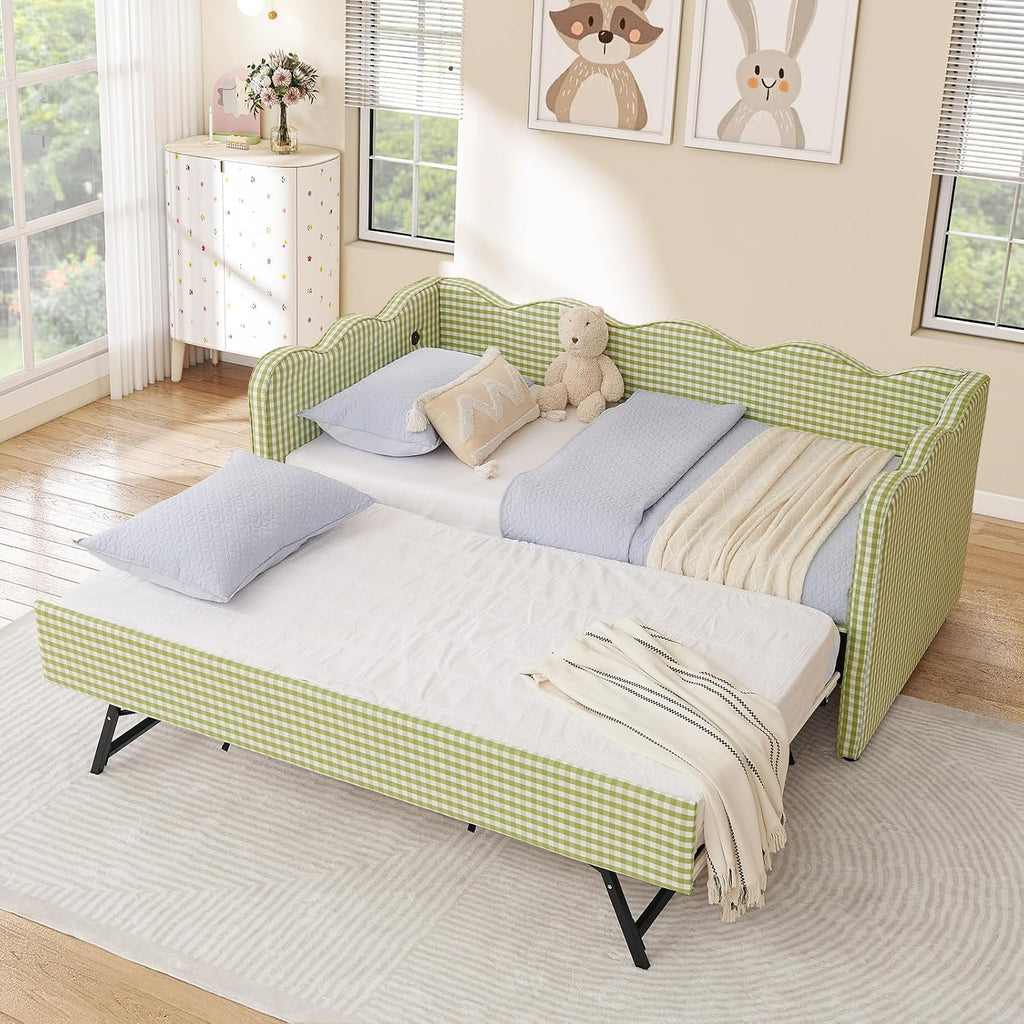 Twin Size Daybed with Pop Up Trundle, Linen Gingham Twin to King Daybed with USB Ports, Upholstered Day Bed Frame
