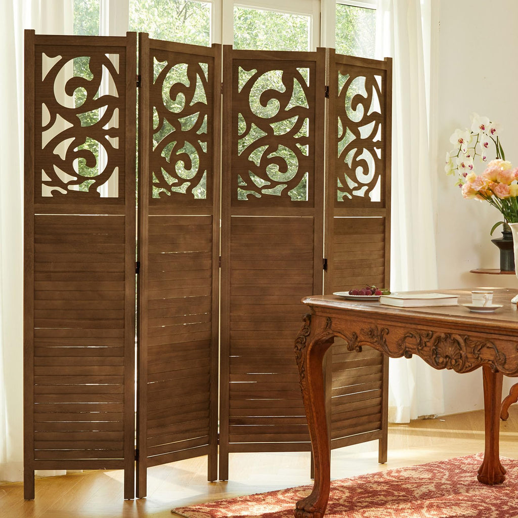 Folding Room Divider, 5.6Ft 4 Panels Wood Carved Privacy Screens, Free Assembled Freestanding Portable Reversible