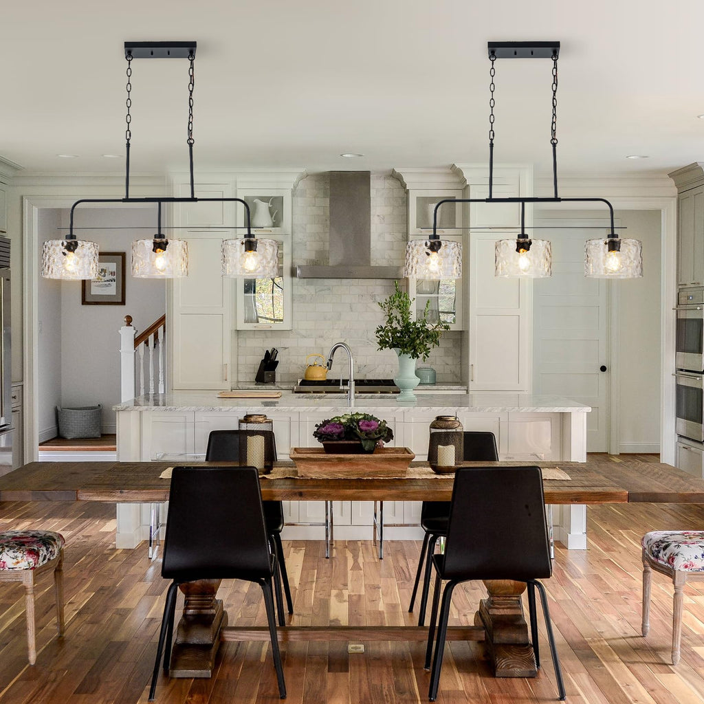 36" Linear Chandelier with Clear Rippled Glass Shades 3-Light Black Linear Pendant Light, Industrial Hanging