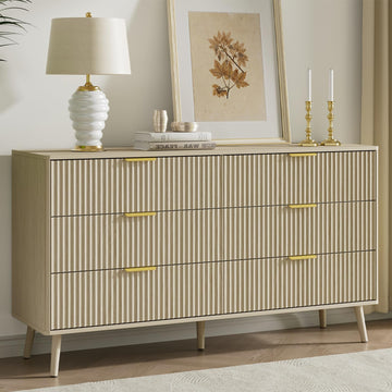 Beige Dresser with 6 Drawer, 55" Wide Chest of Drawers with Fluted Panel, Curved Profile Design, Metal Handles, Wood