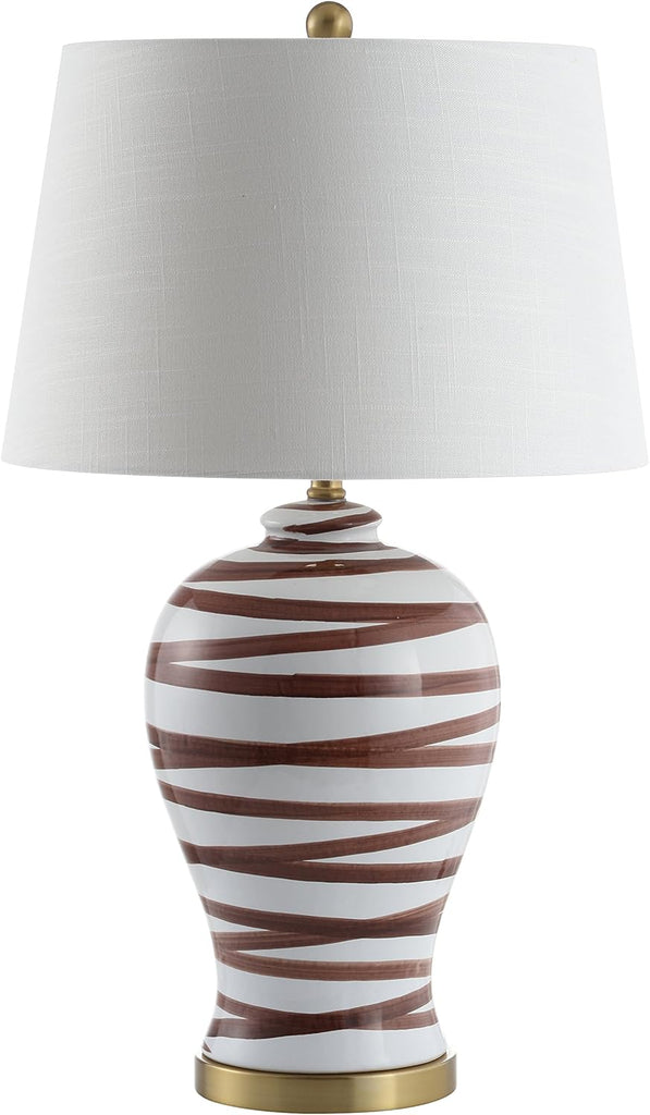 29" Brown/White Ceramic Table Lamp Bedroom Office, Modern Coastal Bedside Lamp with White Linen Shade