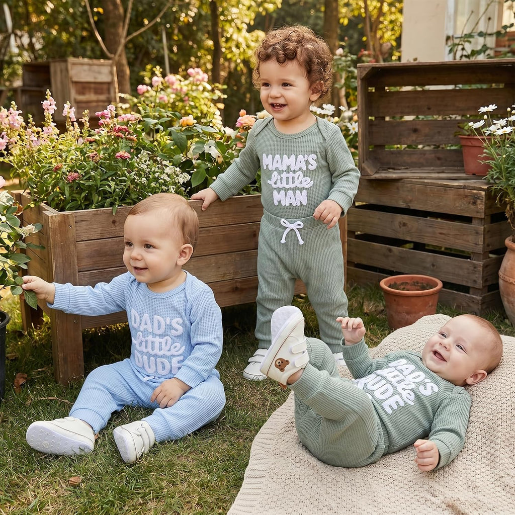 Waffle Knit Baby Boy Clothes Letters Embroidered Romper Pants Set