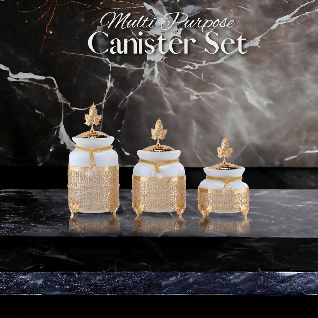 Canisters Sets for the Kitchen, Ceramic Kitchen Canisters for Countertop with Metal Leaf Lids, Sugar Containers for