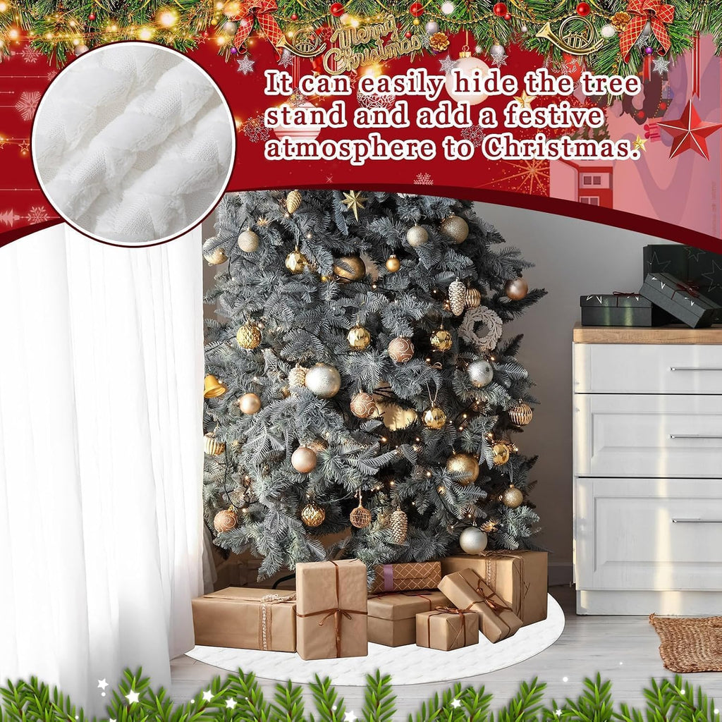 72 Inch Faux Fur White Christmas Tree Skirt for 7.5ft to 12ft Tree with Diamond Textured Pattern Christmas Large Tree