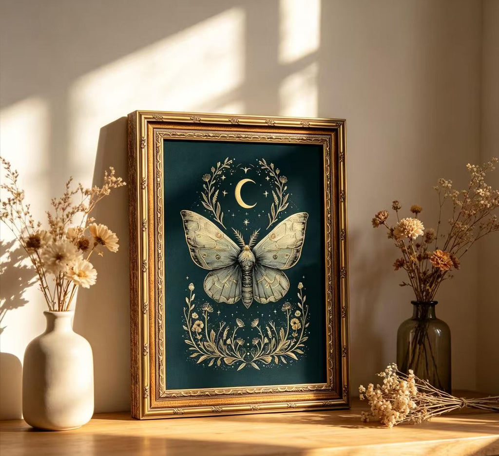 Vintage Gold Framed Celestial Moth Crescent Moon Wall Art Gothic Moody Ethereal Butterfly Picture Wall Decor Dark