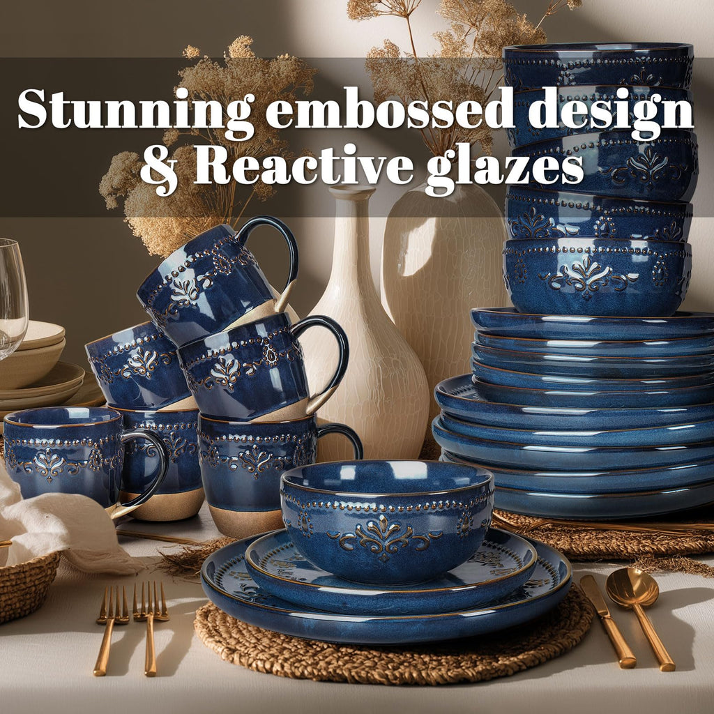 24-Piece Handcrafted Ceramic Dinnerware Set with Mugs, Service for 6 - Reactive Glaze Embossed Plates, Bowls & Mugs