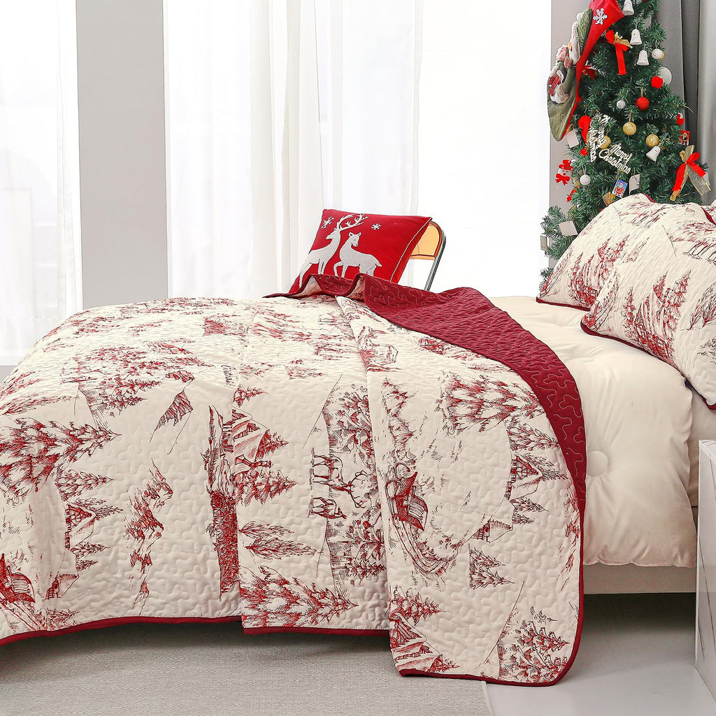 Christmas Quilt Set King Size, Xmas Red Cottage Tree Bedding