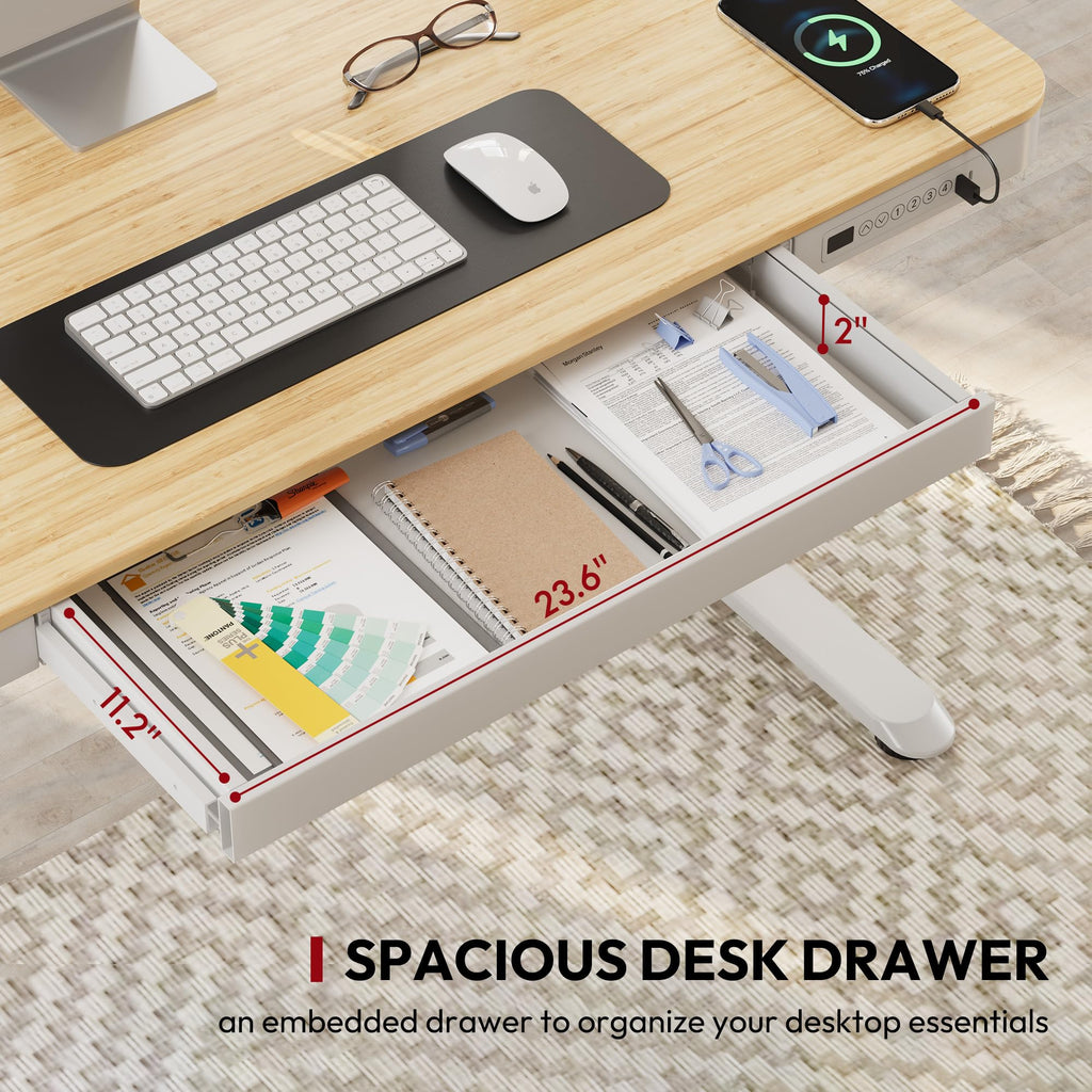 Standing Desk with Drawer, Electric Height Adjustable Home Office Desk with Storage & USB Ports, 48 inch Bamboo