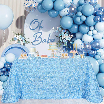 Light Blue Tablecloth 90x132 Inch White Rosette Satin Table Cloth