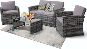 4-Piece Patio Furniture Set, Wicker Outdoor Rattan Sectional Sofa with Cushions and Glass Table