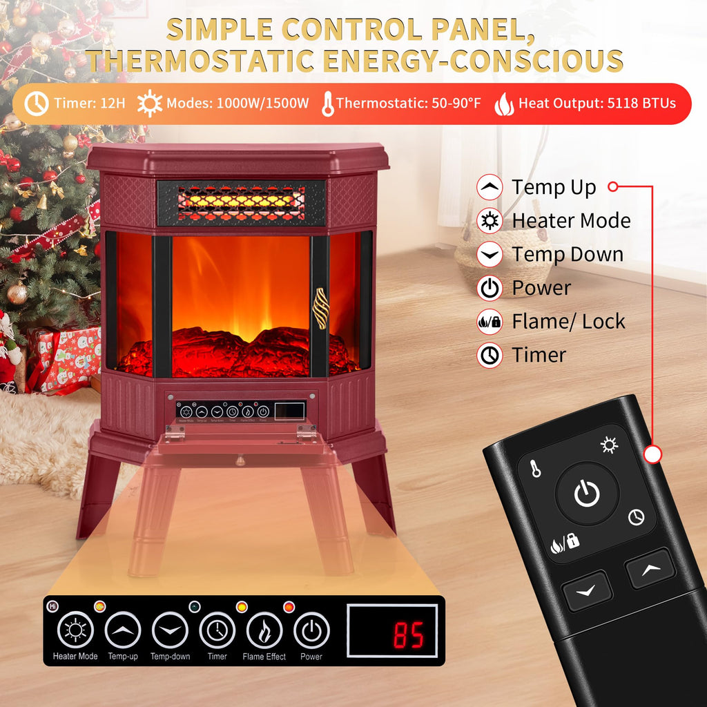 Electric Fireplace Heater 22 in Freestanding Fireplace Stove Infrared Fireplace with 3D Flame Effect Remote Control