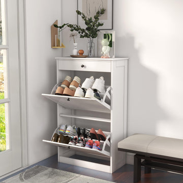 Shoe Cabinet with 2 Flip Drawers, Slim Shoe Storage Cabinet, White