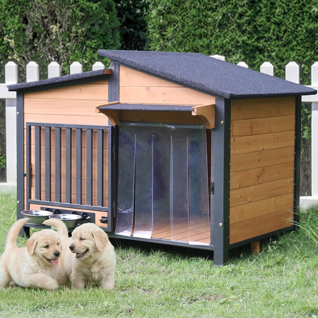 Dog House Outdoor Dog Kennel with Chew-Proof Metal Frame, Rotating Food Bowl, PVC Door Curtain, Weatherproof