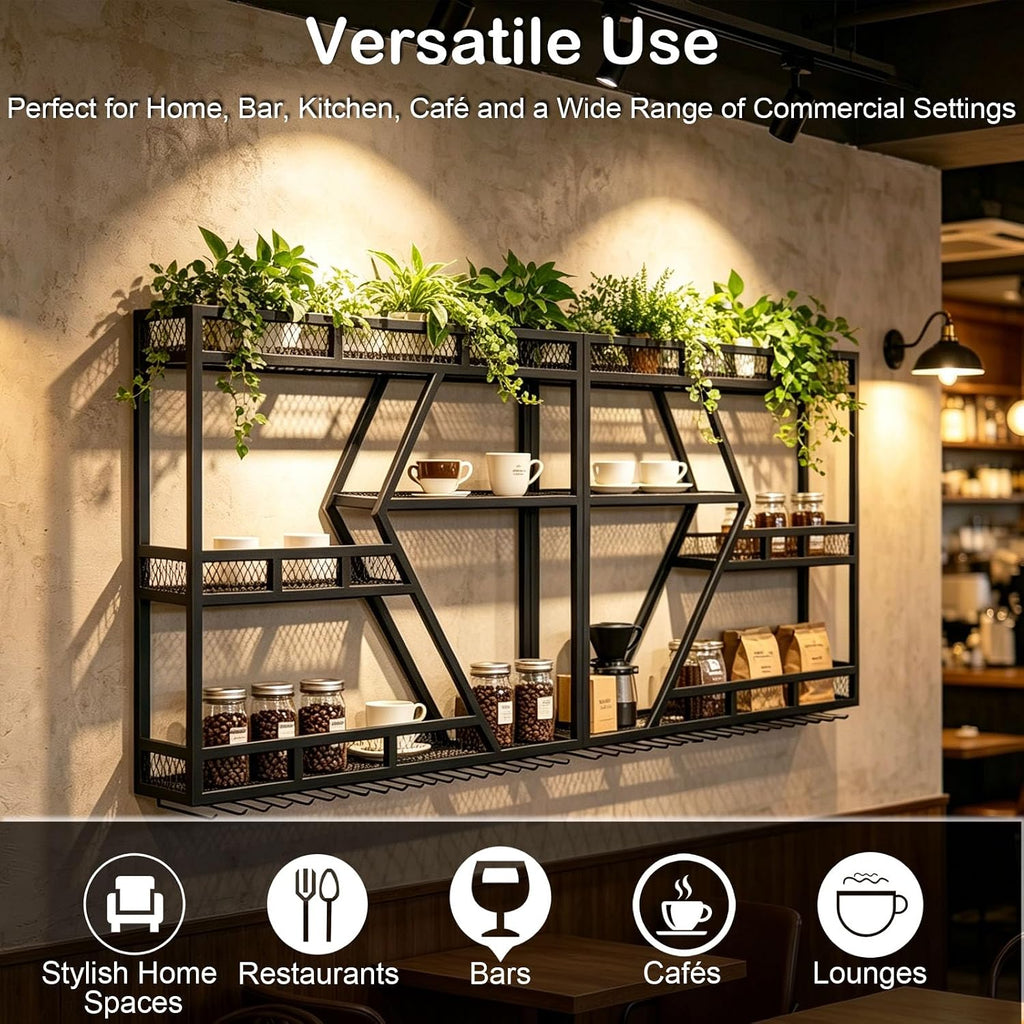 79 Inch Wine Rack Wall Mounted with LED Warm Light, 3-Tier Large Capacity Liquor Shelf with Glass Holder, Industrial