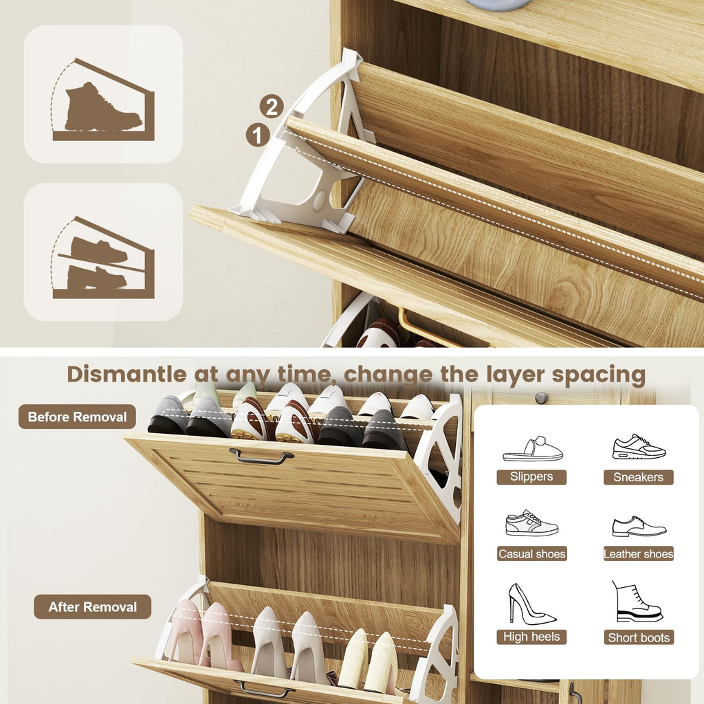 Shoe Cabinet Storage, Shoe Storage Cabinet with 3 Flip Drawers, Drawer & Adjustable Shelves, Slim Shoe Organizer