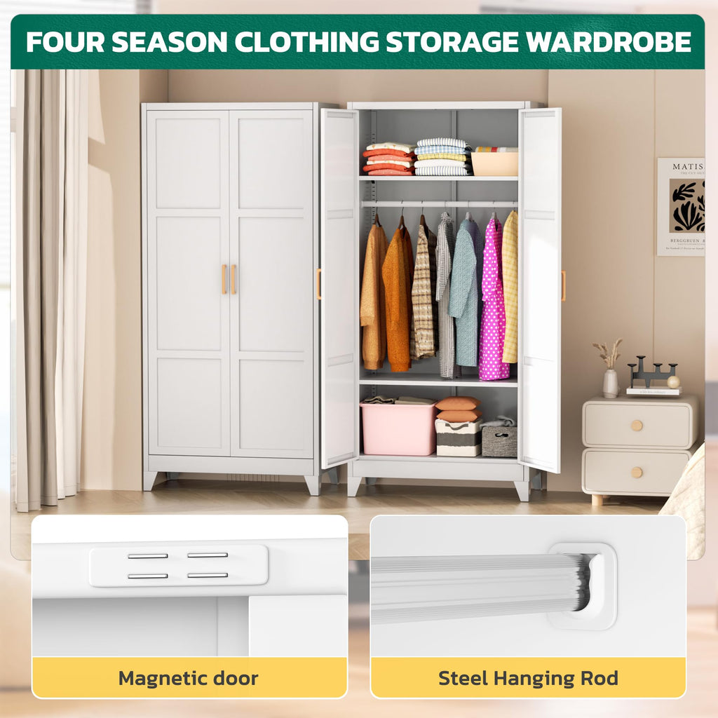 Metal Wardrobe Cabinet, 19" D x 34" W x 71" H Metal Wardrobe Closet with Hanging Rods and Adjustable Shelves, Clothing
