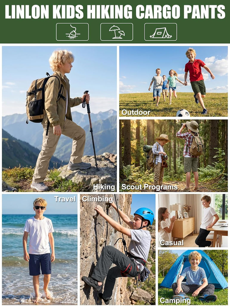 Pants for Boys Scout Kids Hiking Convertible Zip Off Cargo Safari