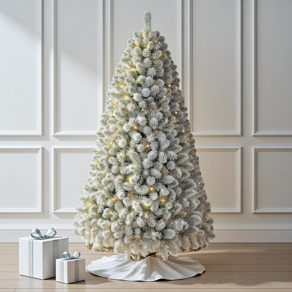 7.5 FT Pre-lit Snow Flocked Christmas Tree, Artificial Spruce Christmas Tree 1100 PVC Branch Tips 350 Warm White
