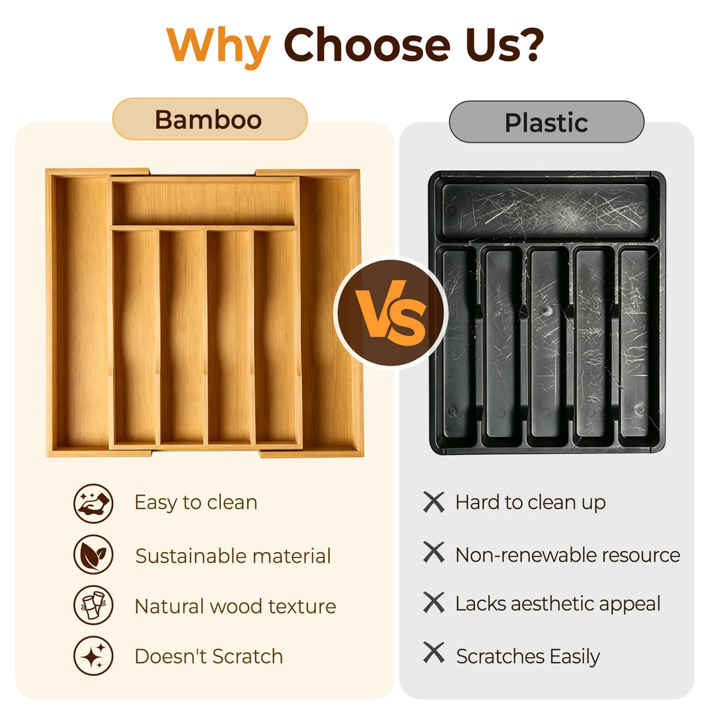 Expandable Bamboo Kitchen Drawer Organizer for Cutlery and Utensils, Adjustable Bamboo Wood Cutlery Tray in Drawer