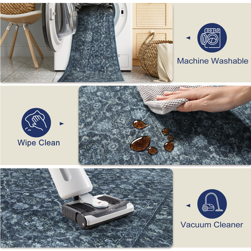 Navy Blue Runner, 2x6 Washable Kitchen Runner Rug Non Skid Washable, Soft Runners Bedroom, Low Pile Carpet Runners