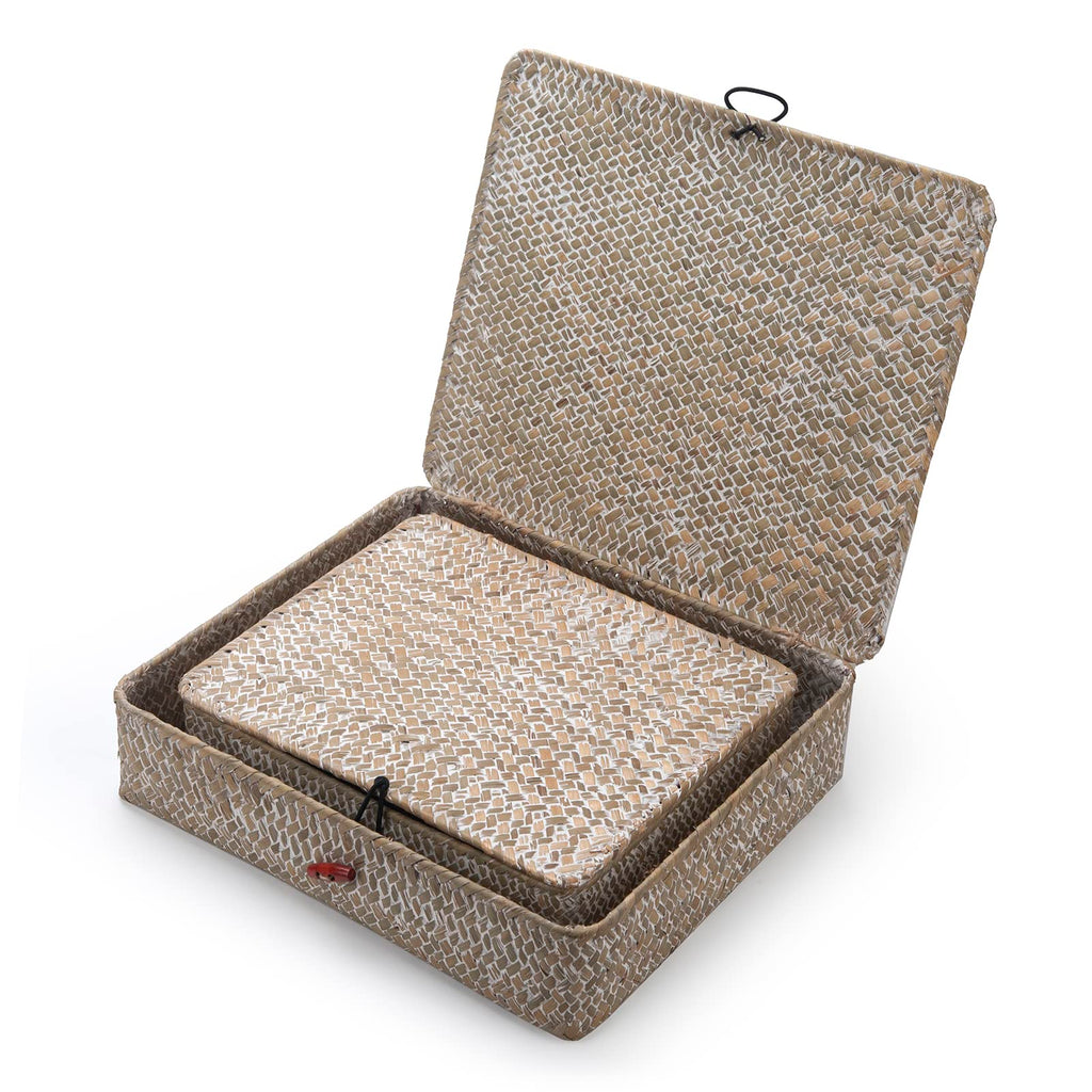 Whitewash Seagrass Basket with Lid for Storage Set of 2 Rectangular