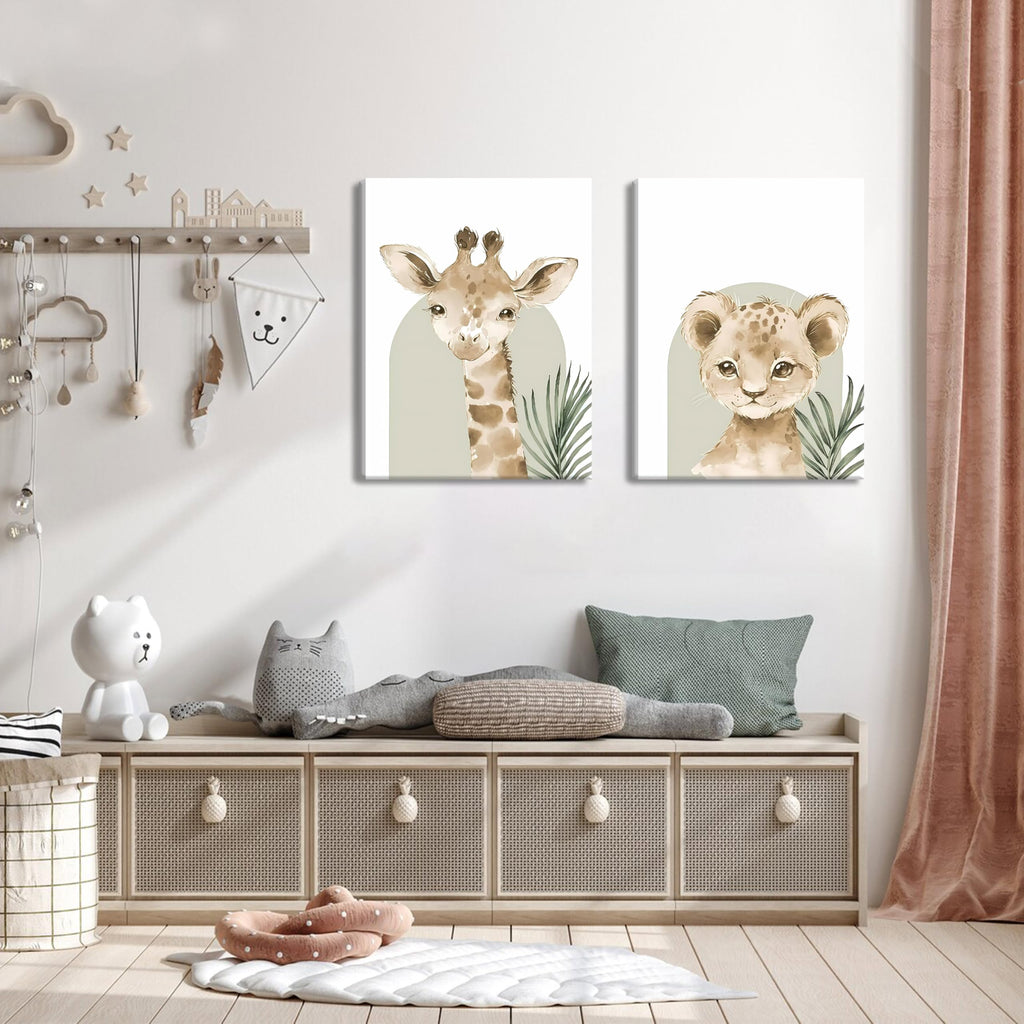 Nursery Wall Decor Set of 3, Cute Animal Lion Elephant Baby Pictures Poster Prints, Giraffe Jungle Canvas Wall Art