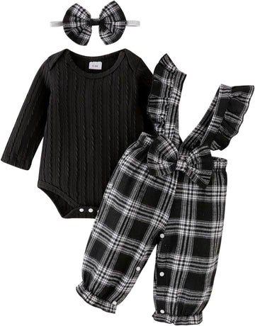 Baby Girl Clothes Newborn Suspender Overalls Long Sleeve Ribbed Romper Fall Winter Outfits Bow Headband