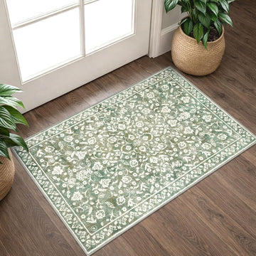 Vintage Entryway Rug Indoor, Sage Green Beige Washable Rug 2x3, Small Area Rug with Non-Slip Backing, Floral Print