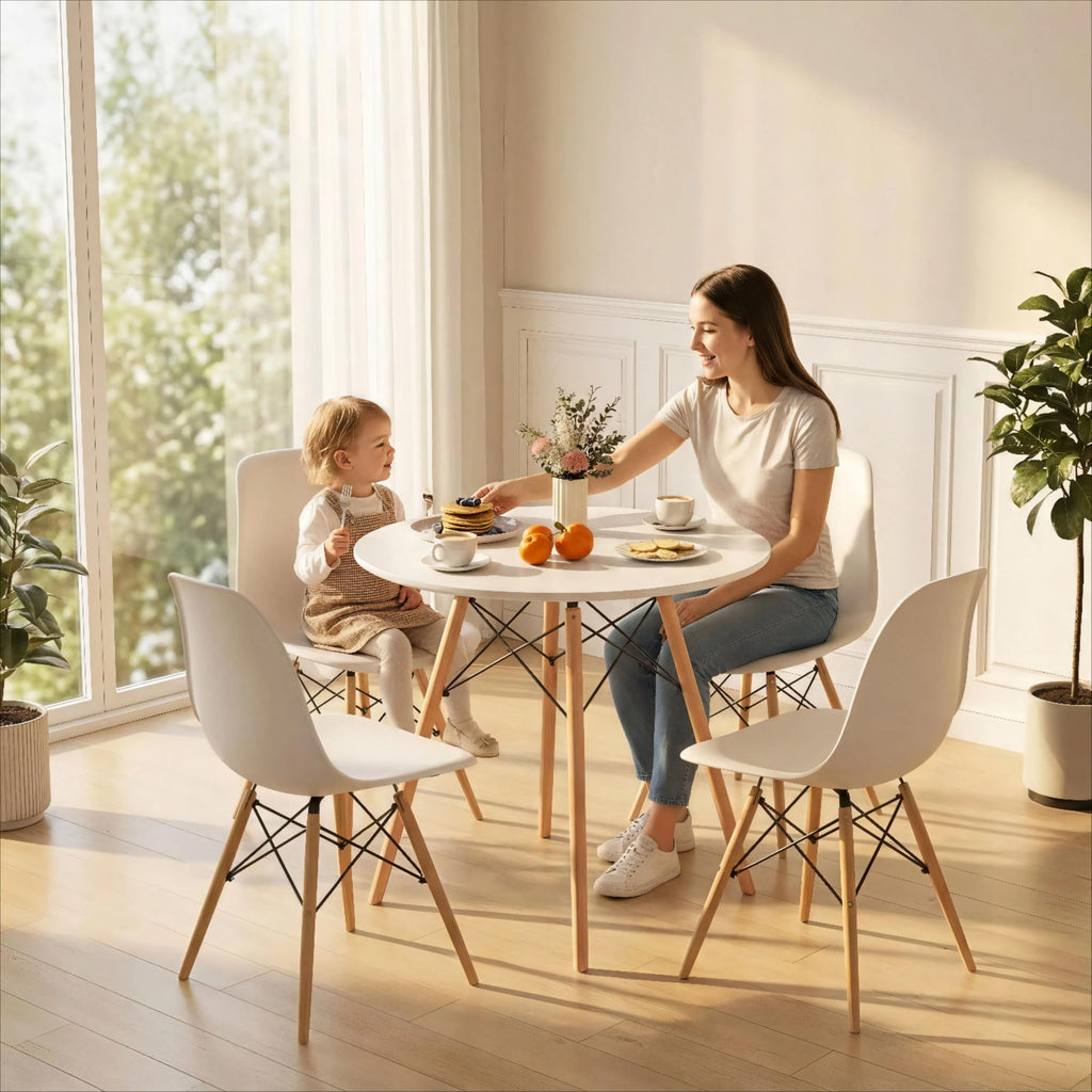 Round Dining Table Set for 4, Modern Circle Kitchen Table & 4 Chairs with Ergonomic Seats and Solid Wood Legs