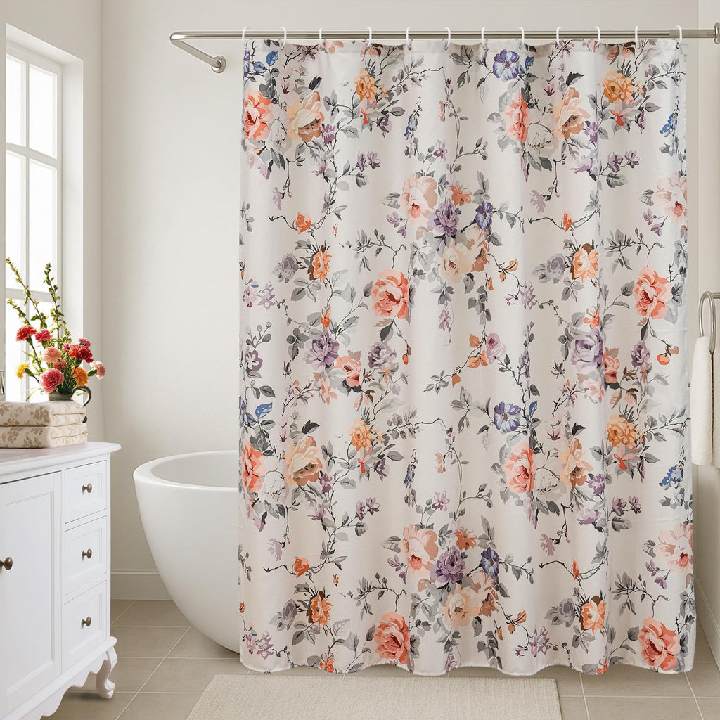Vintage Floral 72x84, Lightweight Faux Linen Fabric Bathroom Curtains, Shabby Chic Purple and Pink Rose Cottagecore
