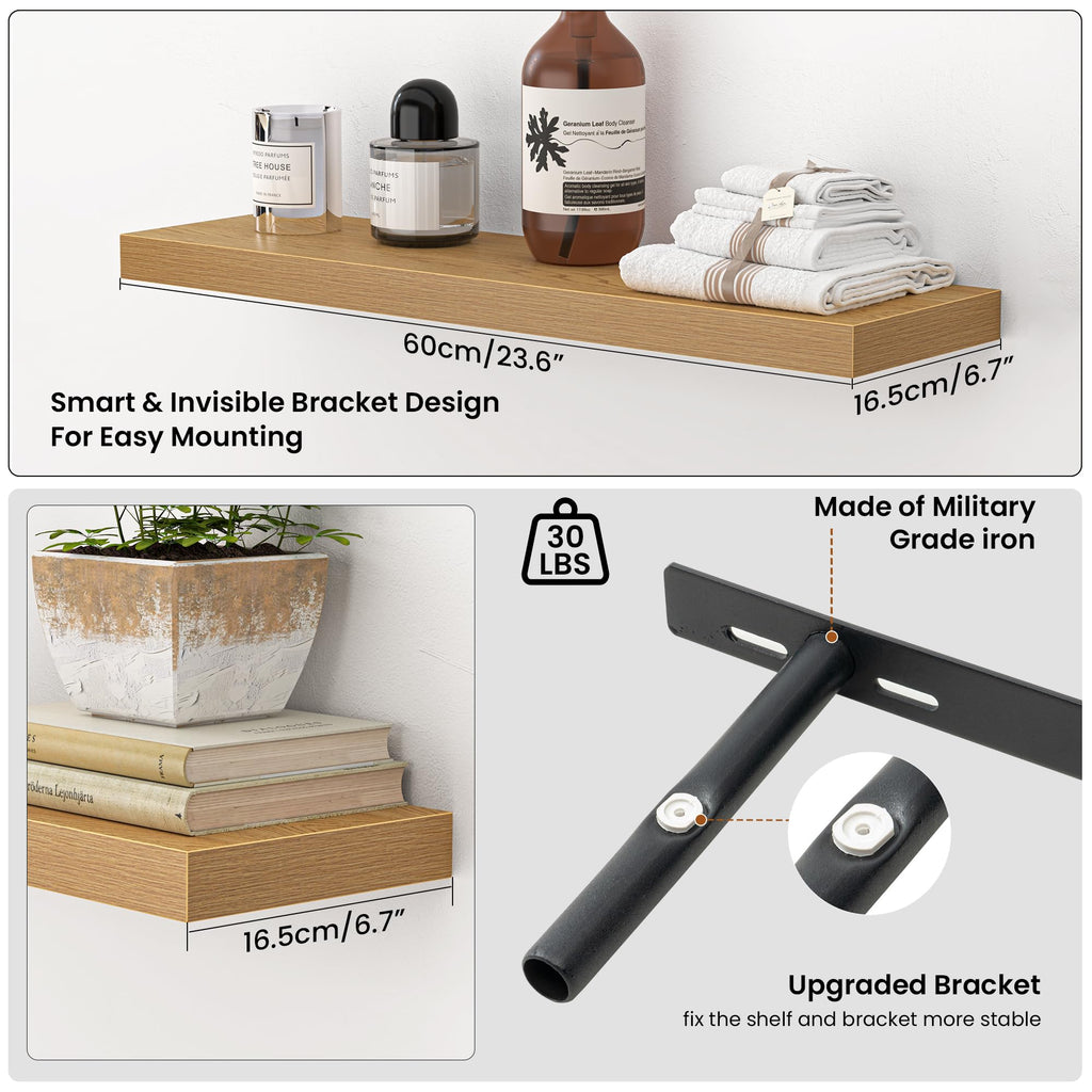 24 Inch Floating Shelves for Wall, Mounted Storage Wood Shelves with Invisible Brackets Hanging Shelf, Set of 2, Oak