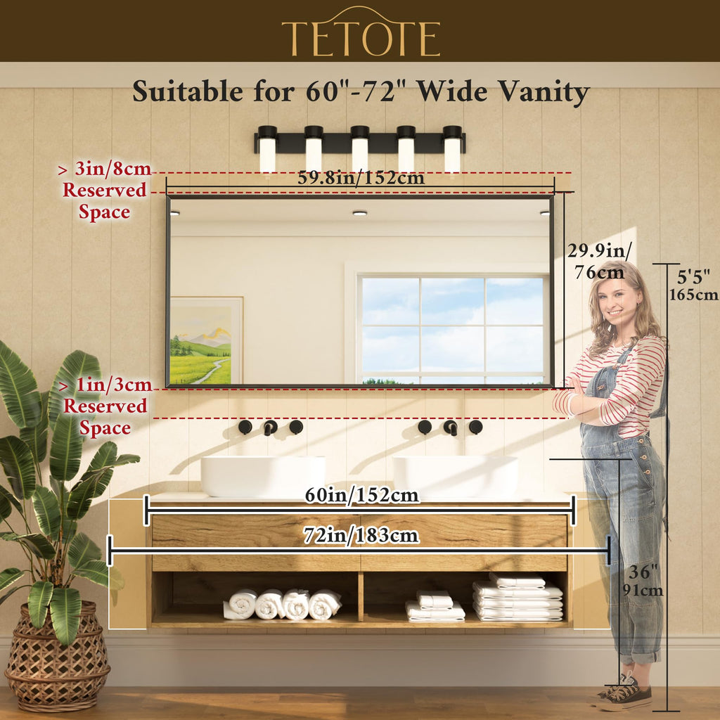 Brushed Nickel Vanity Mirror 60" x 30" Beveled Frame Rectangle Bathroom Mirror for Over Sink Brushed Nickel, Tempered