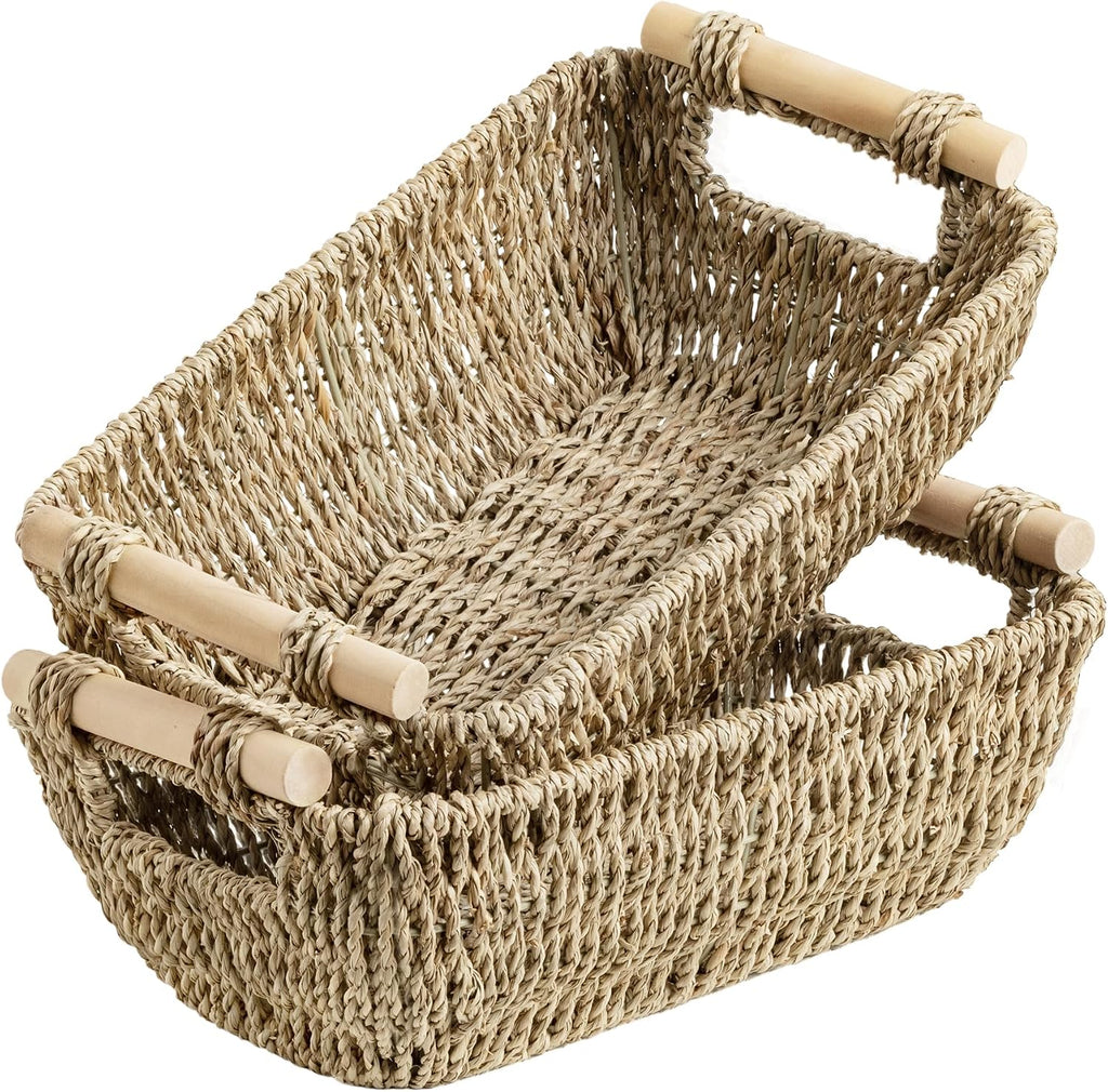 Small Baskets for Shelf, Seagrass Woven Basket with Wooden Handles for Gifts, 2-Pack