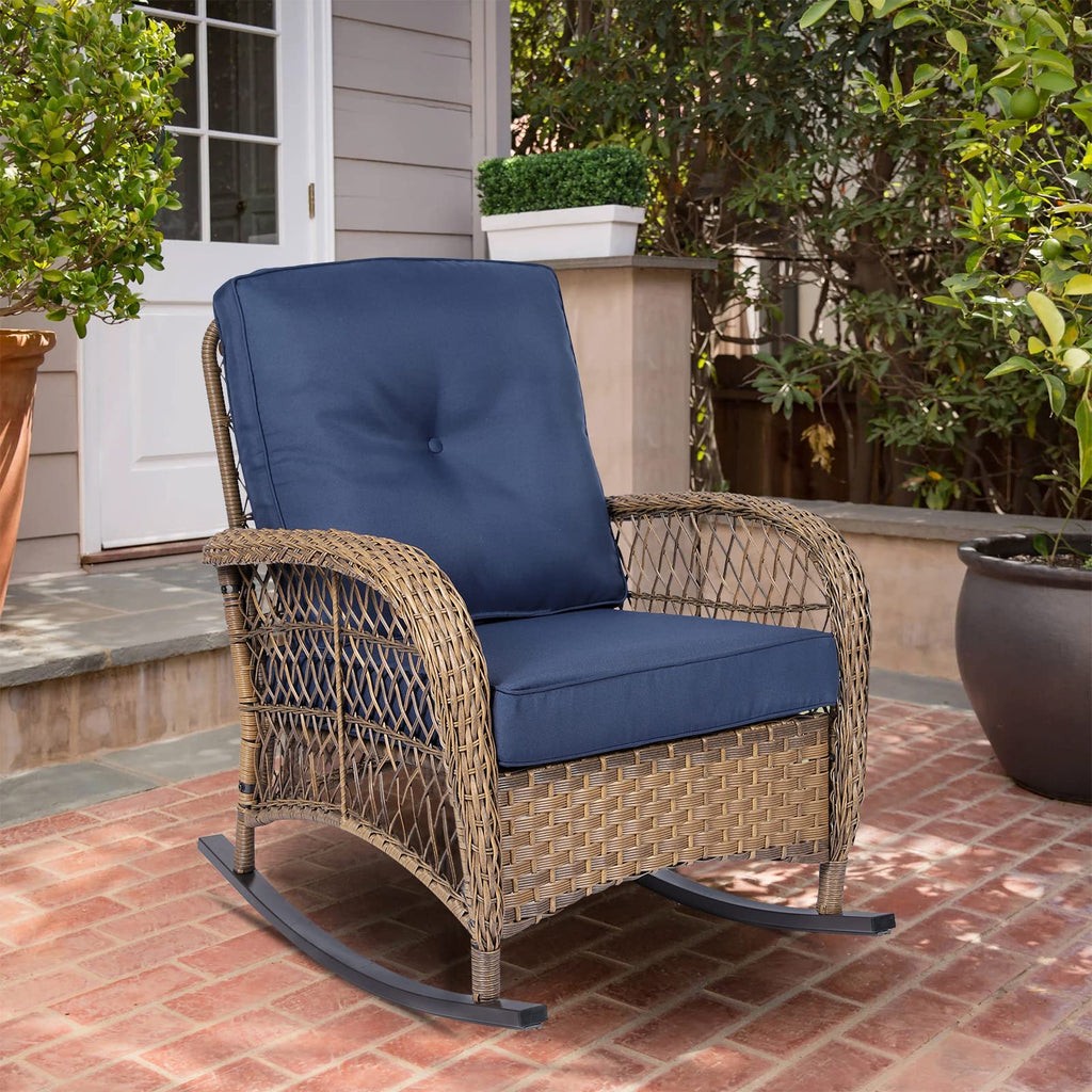 Outdoor Wicker Rocking Chair, Patio Rattan Rocker Chair with Cushions & Steel Frame, All-Weather Rocking Lawn Wicker