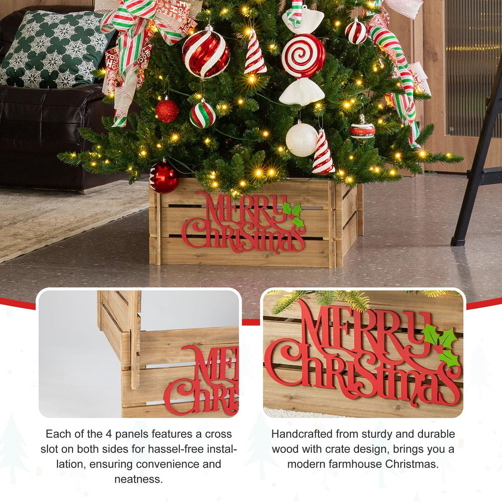 24" L Wooden Crate Tree Collar, Natural Wooden Merry Christmas Christmas Tree Base Cover Farmhouse Christmas Tree