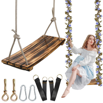 2026 Upgraded Large Wooden Swing Seat, 24"x 8", Hanging Tree Swing, 500lbs Load, Adjustable Nylon Rope & Tree Straps