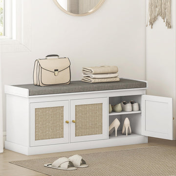 Shoe Bench Storage Rattan Doors 13.8 x 41.3 x 18.5 Inches White