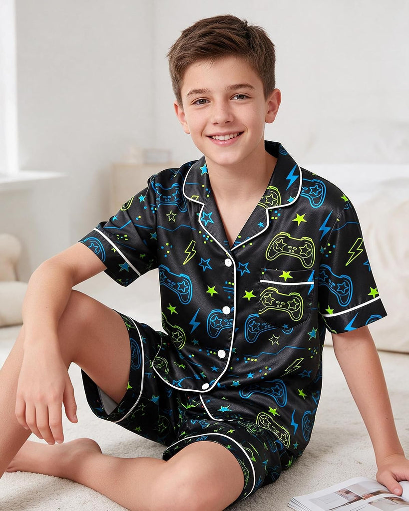 Boys Pajamas Silky Satin Piece Pant Shirt Shorts Sleepwear Pjs Set for Kids Button Down Loungewear