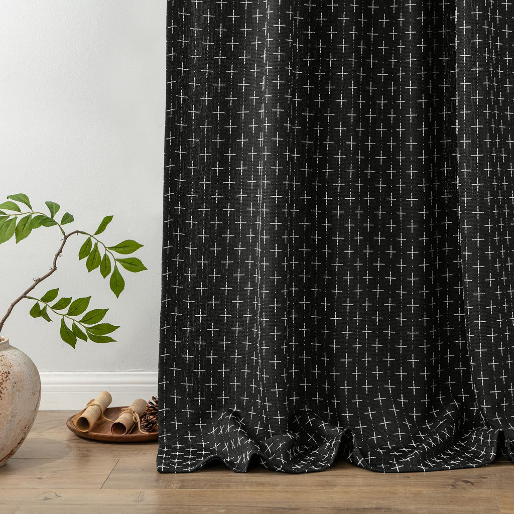 Patterned Farmhouse Linen Curtains, Back Tab, 52Wx90L, Black