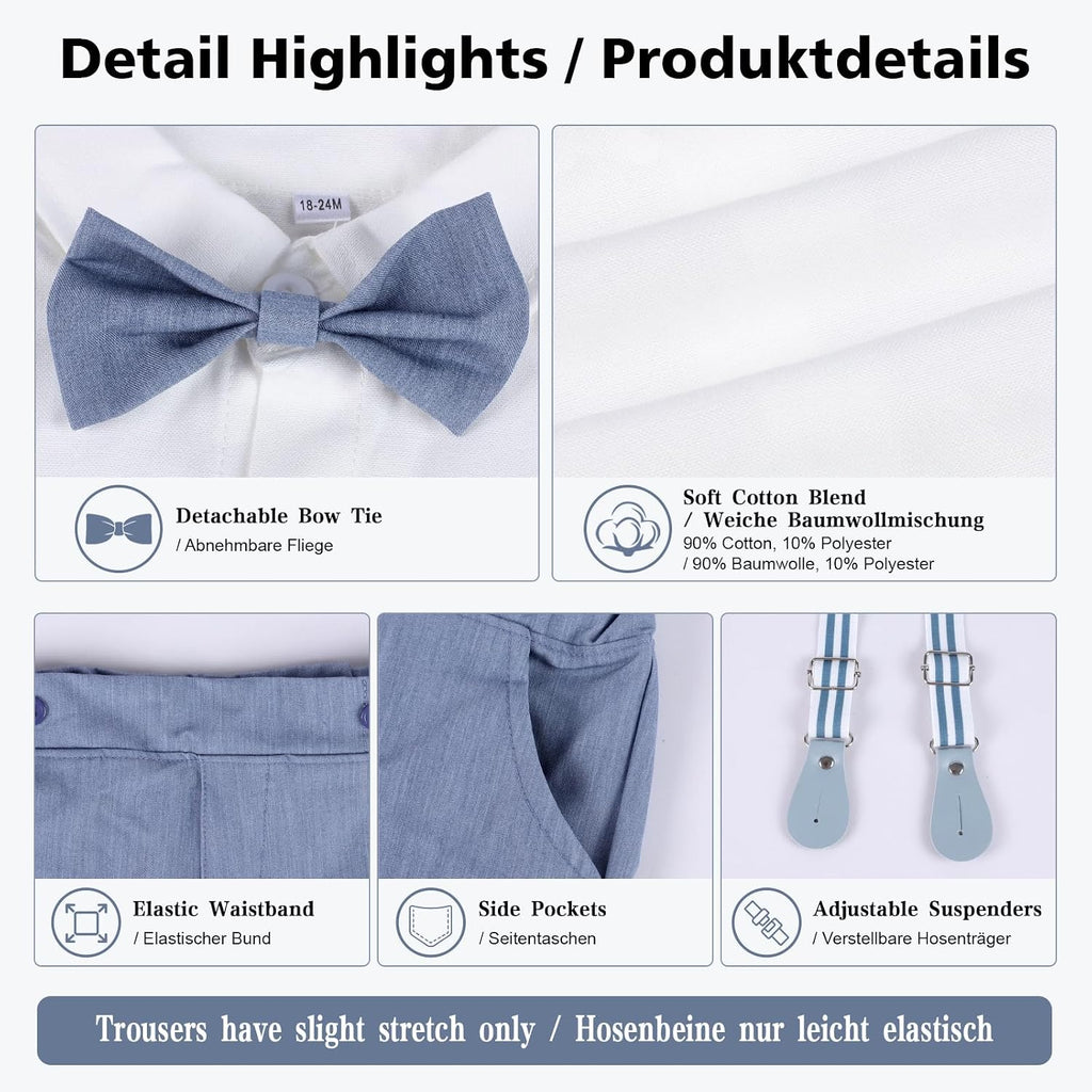Toddler Boys Suit Set with Shirt, Bow Tie, Pants and Suspenders