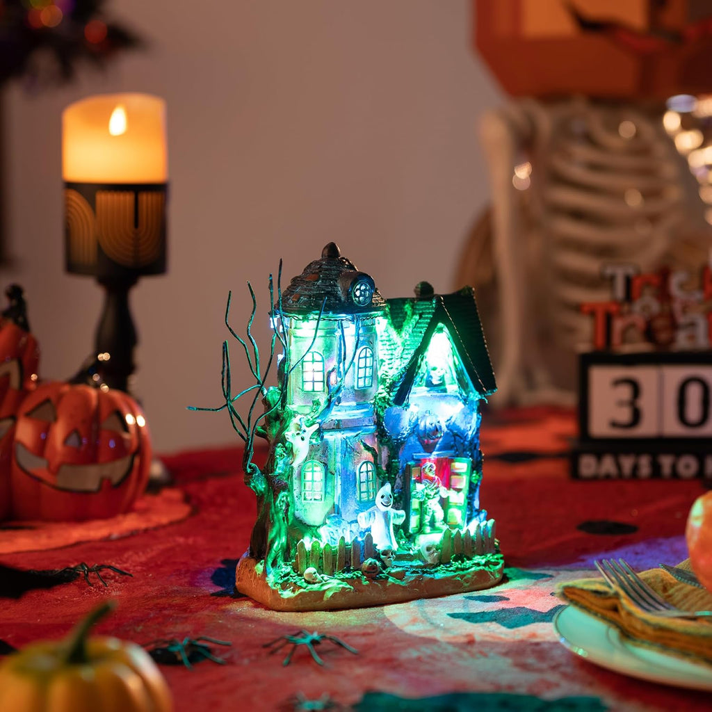 Halloween Decorations, Lighted Halloween Village Houses with Music and LED Lights, Resin Spooky Town Mummy's Haunted