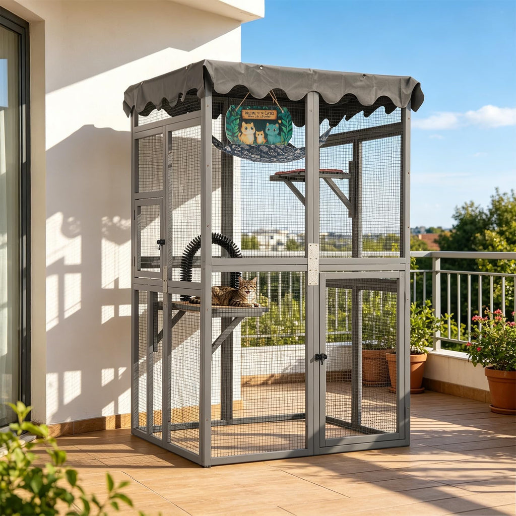 Outdoor Wooden Catio, Weatherproof Cat Enclosure with Window Access